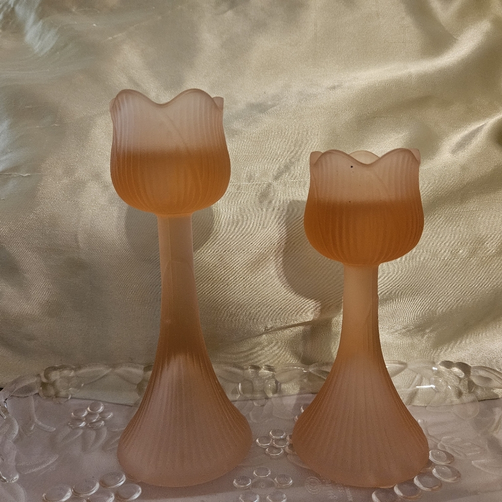 Vintage Pink Frosted Tulip candle holders